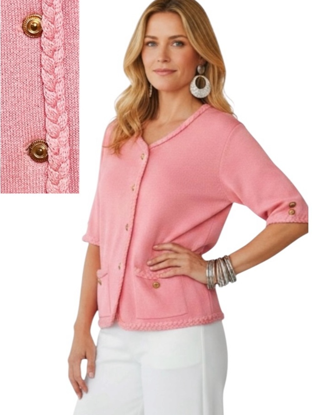 Vtg Laura By Alyzia Pink Knitted Cardigan Braids/Hems Luxury Neutral Sweater 8P